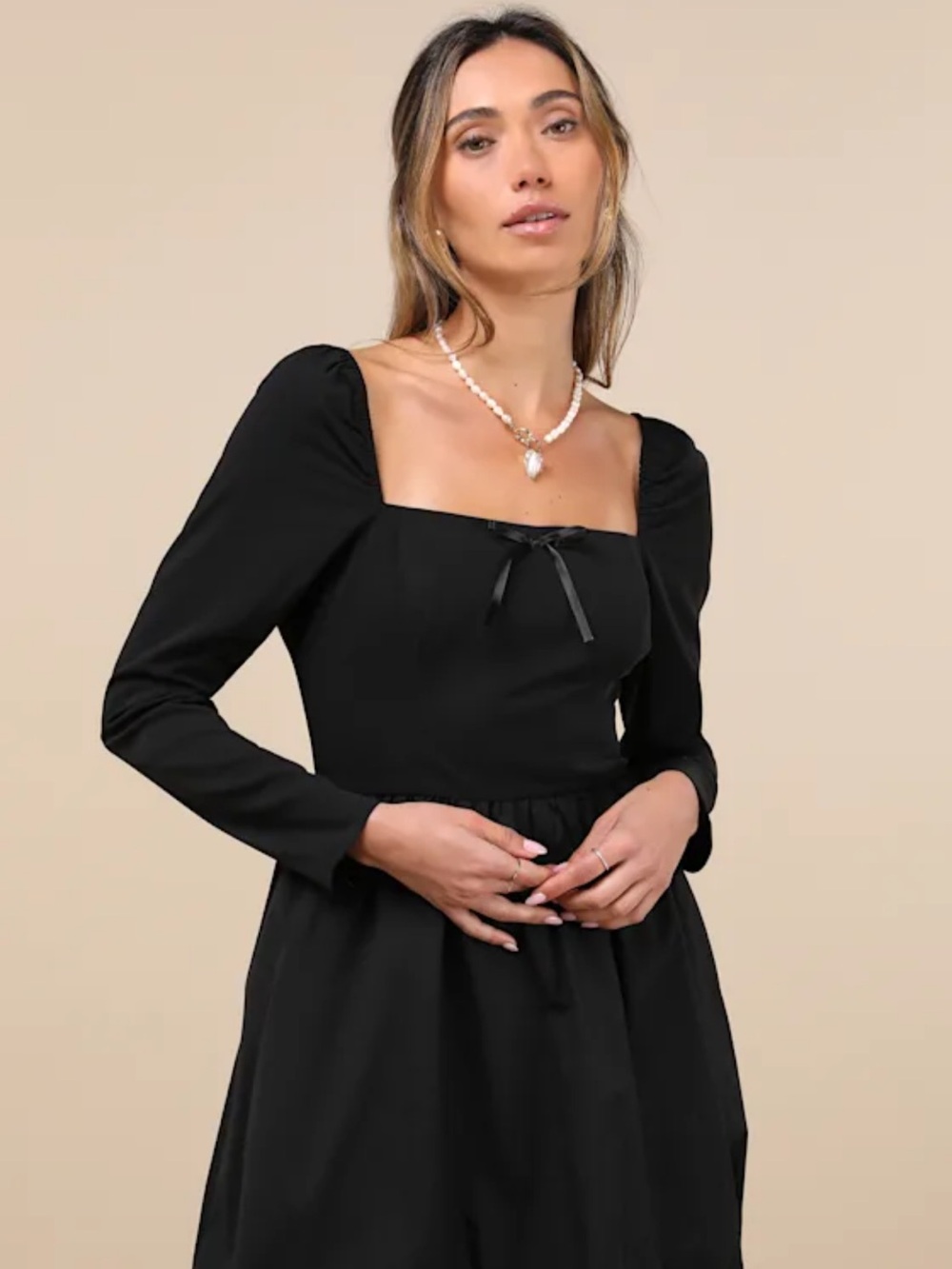Lulu's Black Long Sleeve Square Neck Dress with Front Bow